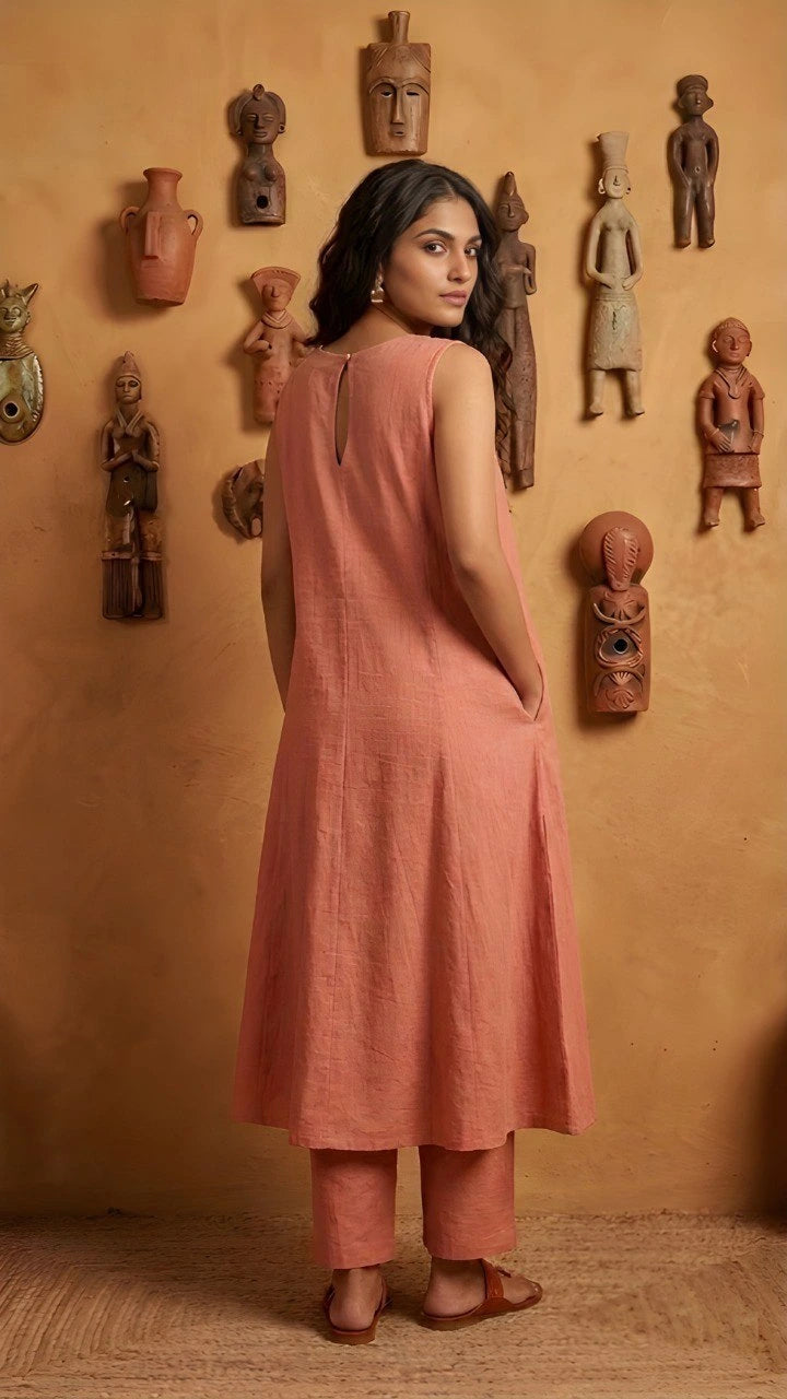 Woman in a peach dress standing in front of an orange wall with decorative masks.